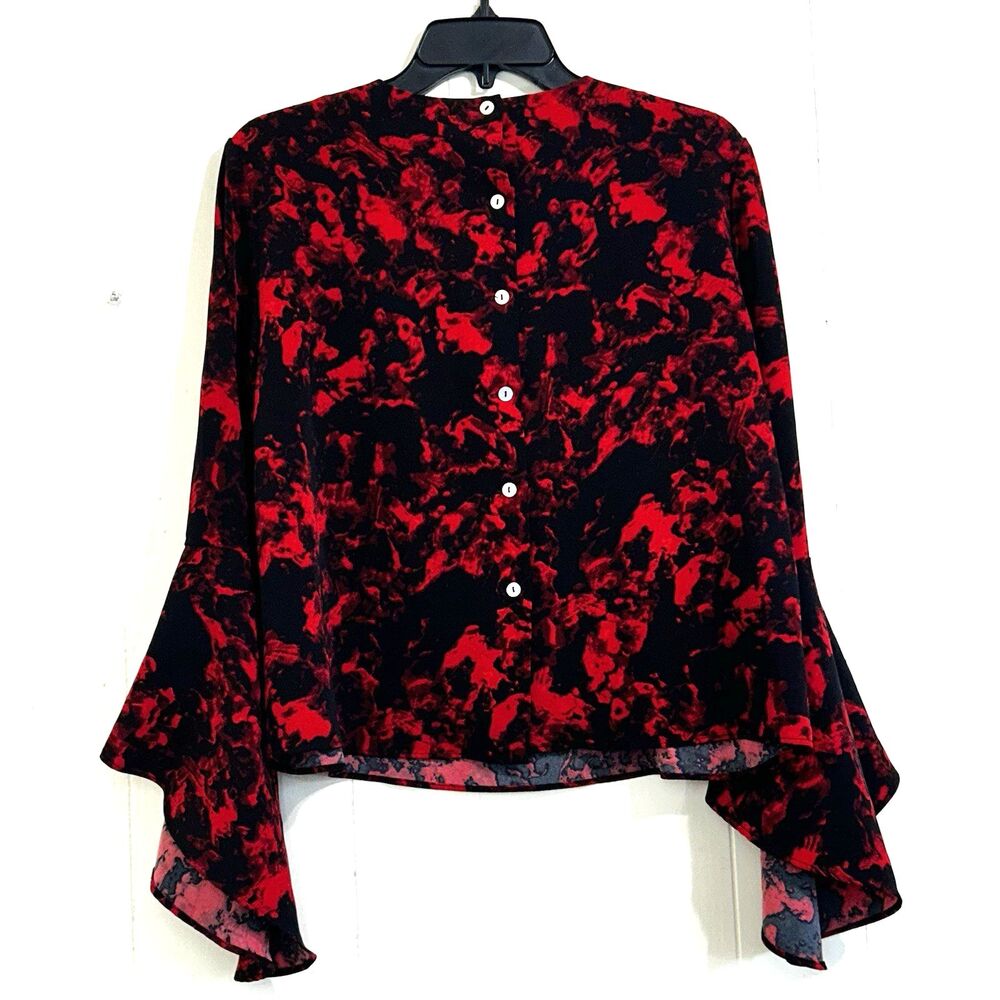 Carmen Marc Valvo Black & Red Floral Long Bell Sleeve Blouse Top Size Small - Picture 3 of 11